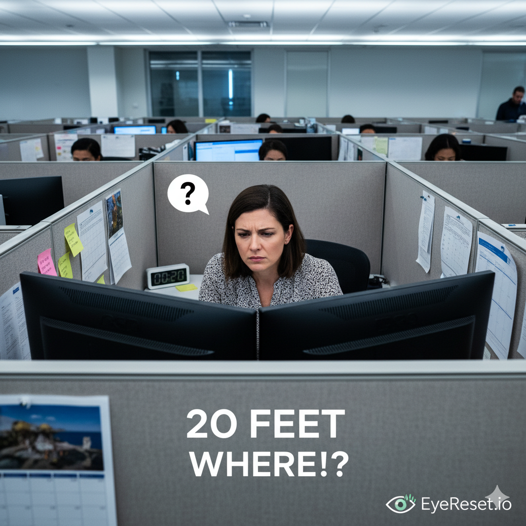 Professional working in a small cubicle where the 20-20-20 rule fails due to lack of space
