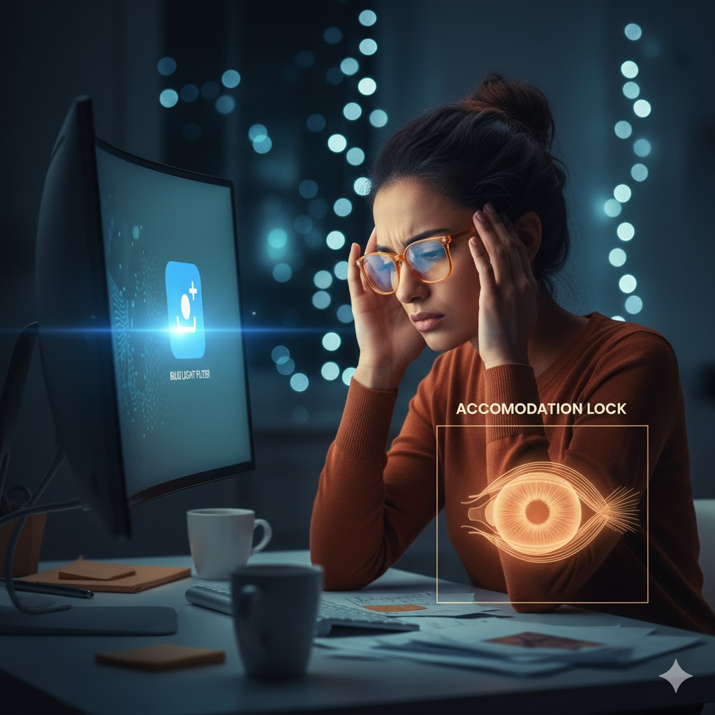 User with glasses still feeling blue light eye strain at computer